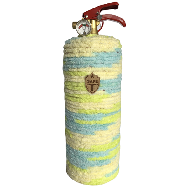 Artistic fire extinguisher designed by Sophie, featuring a soft and sweet aesthetic, perfect for decorative purposes.